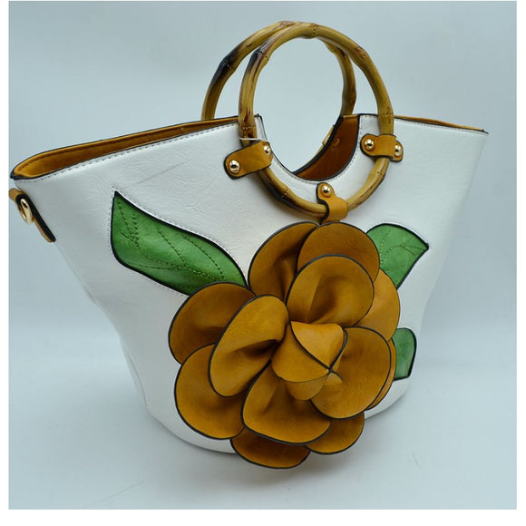 3D flower tote with bamboo handle - white/yellow