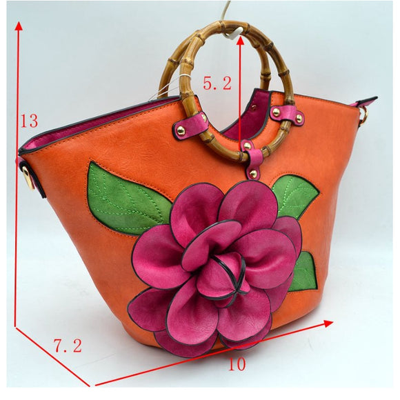3D flower tote with bamboo handle - white/red