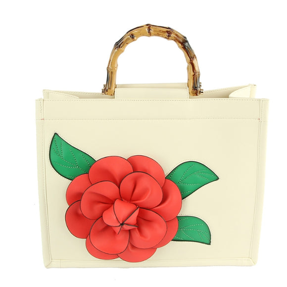 3D flower & bamboo handle tote - red