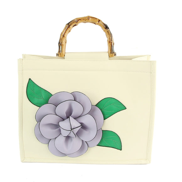 3D flower & bamboo handle tote - lavender