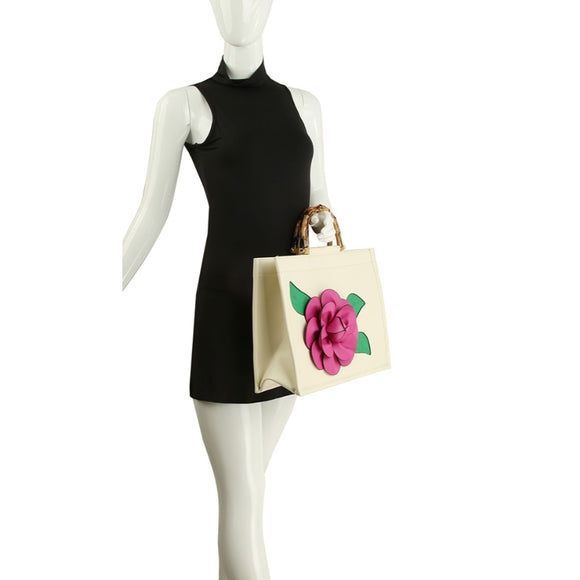 3D flower & bamboo handle tote - pink
