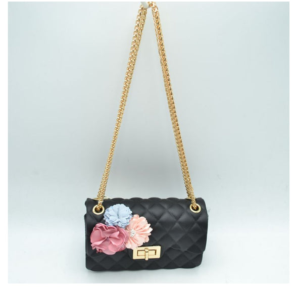3D flower chain jelly crossbody bag - black