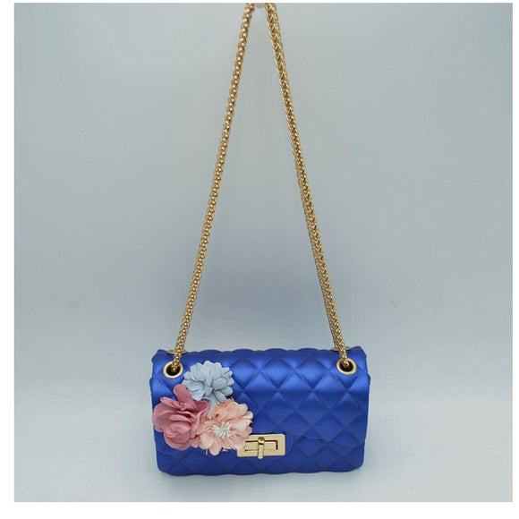 3D flower chain jelly crossbody bag - blue