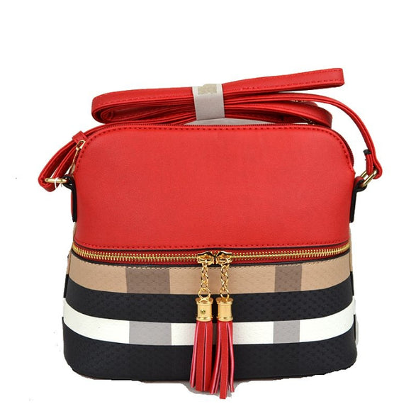 Plaid pattern half zipper crossbody bag - red/brown