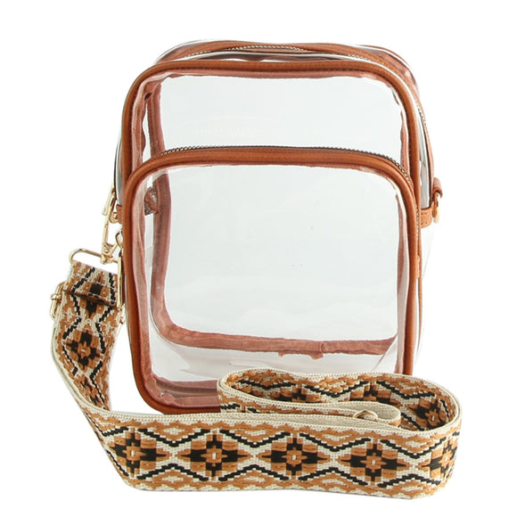 Clear crossbody bag with fashion strap - brown