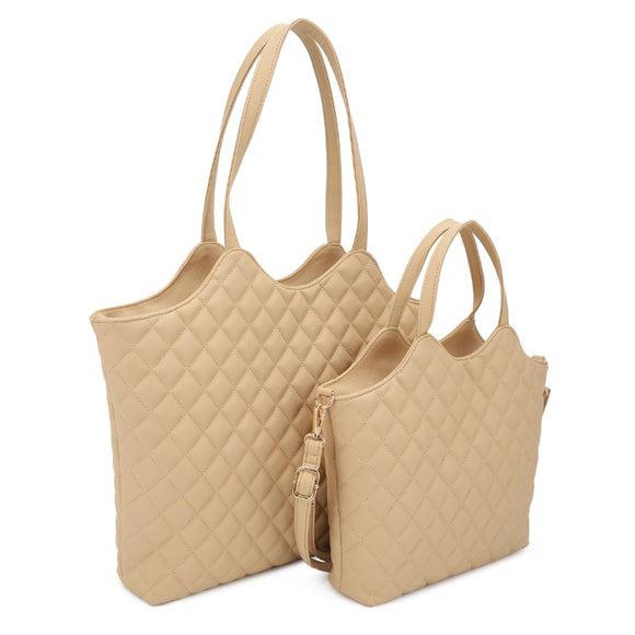 2-in-1 diamond quilted tote set - tan