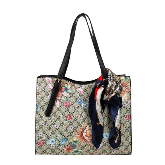 Floral print belted handle tote - black/white