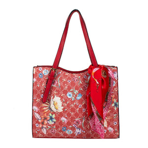 Floral print belted handle tote - red
