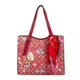 Floral print belted handle tote - red