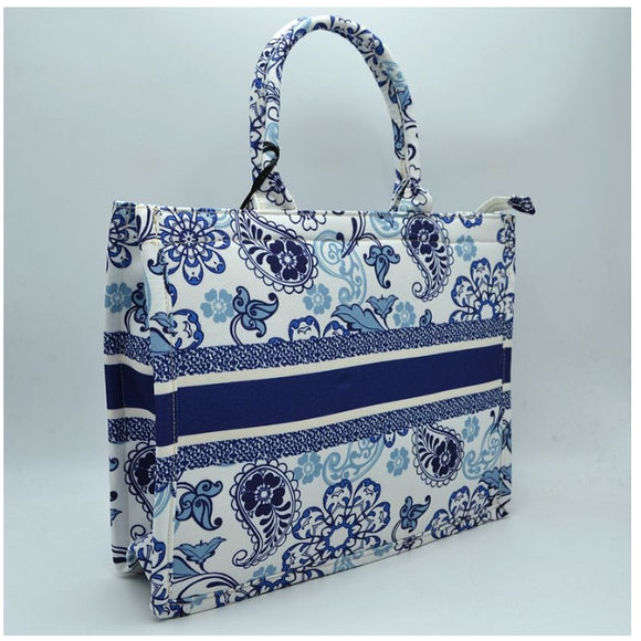 Parsley  print & stripe point fabric tote - A