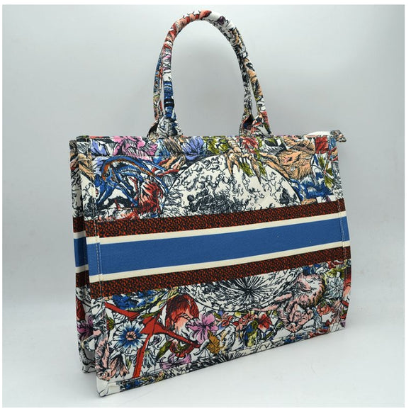 Floral print & stripe point fabric tote - B
