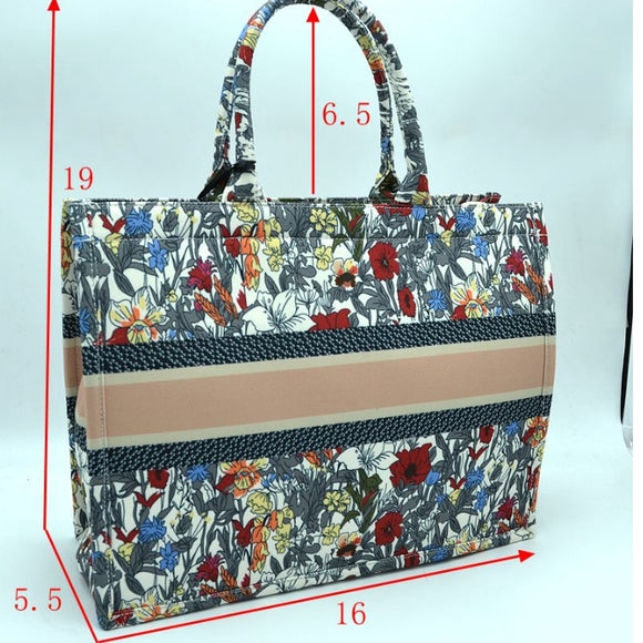 Floral print & stripe point fabric tote - F