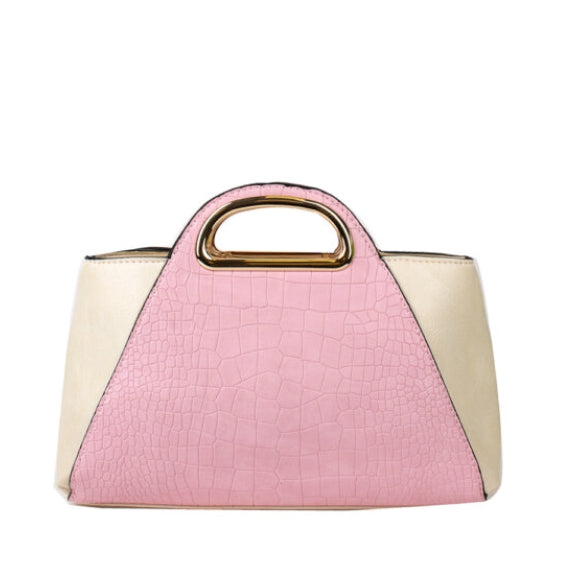 Crocodile embossed color-block handbag - pink/beige