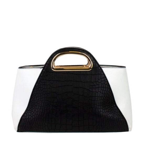 Crocodile embossed color-block handbag - black/white