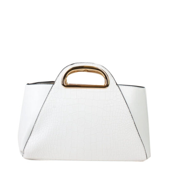 Crocodile embossed color-block handbag - white