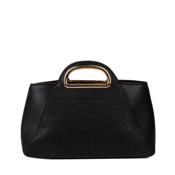 Crocodile embossed color-block handbag - black