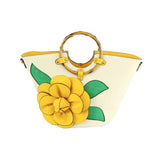 3d flower & bamboo handle tote - yellow