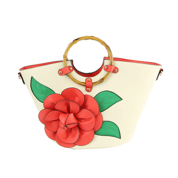 3d flower & bamboo handle tote - red