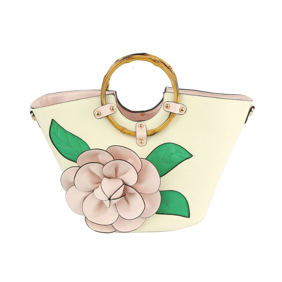 3d flower & bamboo handle tote - pink