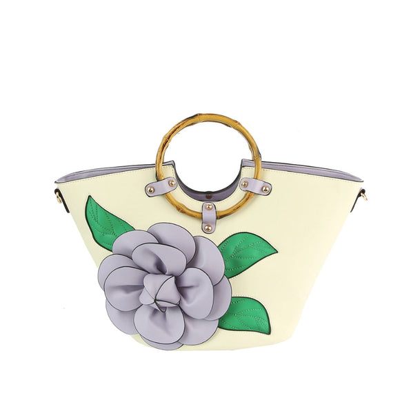 3d flower & bamboo handle tote - lavender