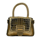 Metallic crocodile embossed small satchel - gold