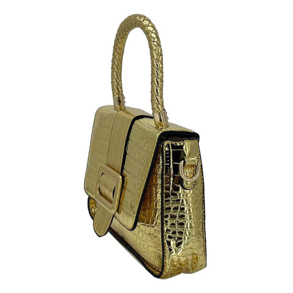 Metallic crocodile embossed small satchel - gold