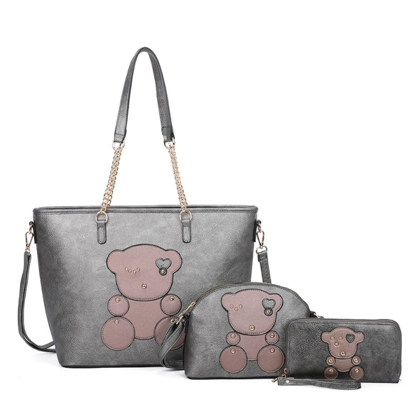3-in-1 Bear with heart chain tote set - pewter