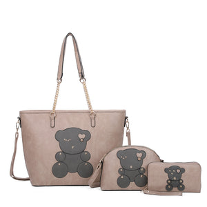 3-in-1 Bear with heart chain tote set - stone