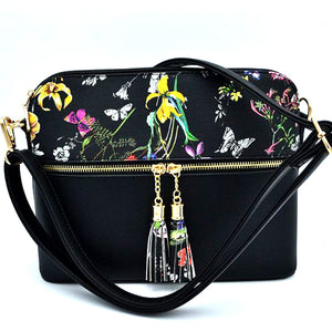 Floral print tassel crossbody bag - black