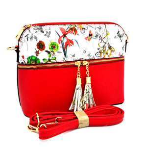 Floral print tassel crossbody bag - red