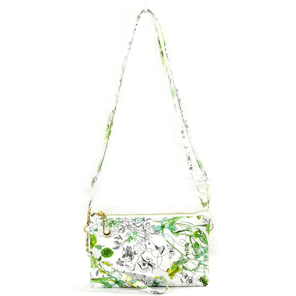 Triple zippper floral print crossbody bag - green