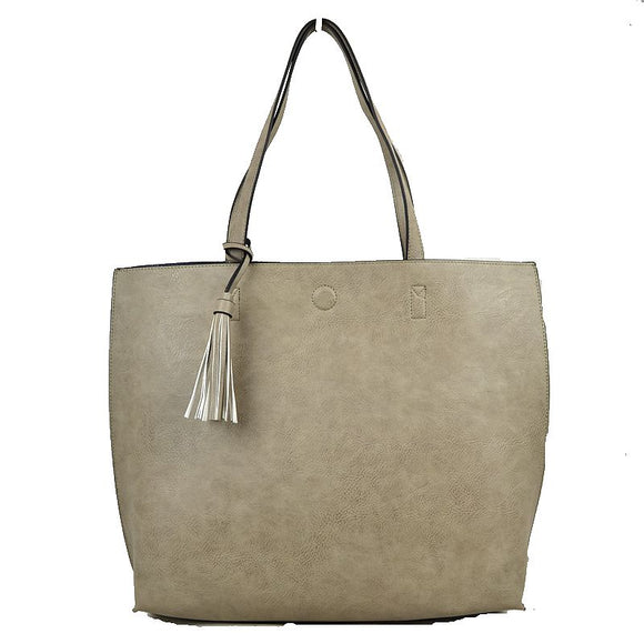 Reversible 2 in 1 tote with tassel - grey/blue