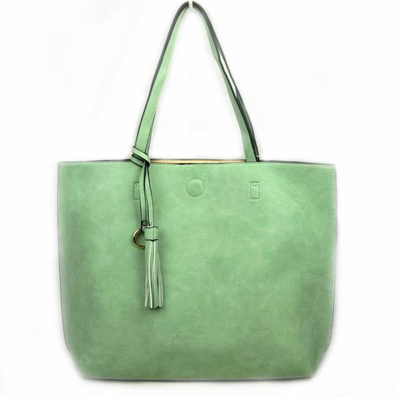 Reversible 2 in 1 tote with tassel - mint/gold