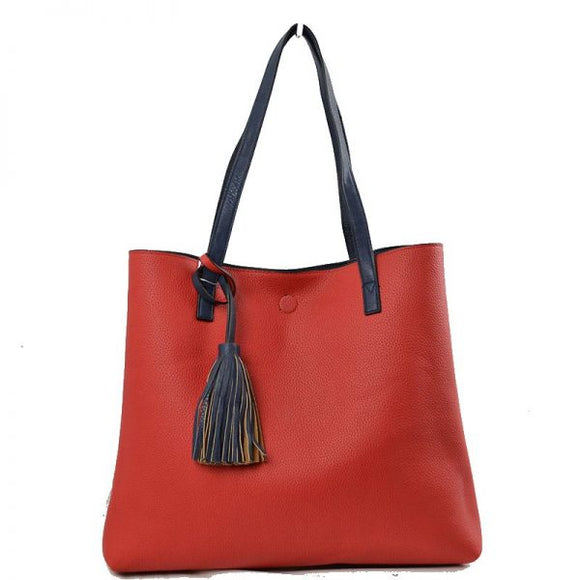 Reversible 2 in 1 tote with tassel - red/blue