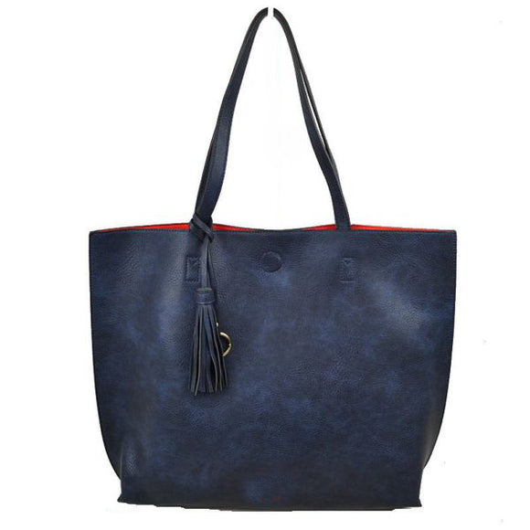 Reversible 2 in 1 tote with tassel - navy/red