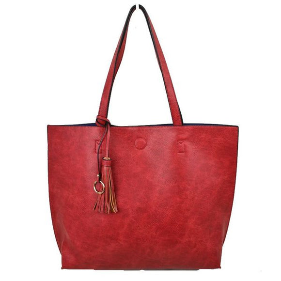 Reversible 2 in 1 tote with tassel - red/blue