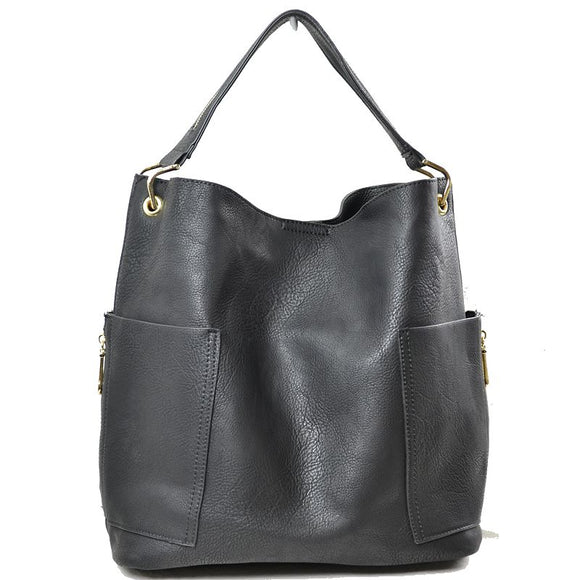 Side pocket hobo bag with pouch - black