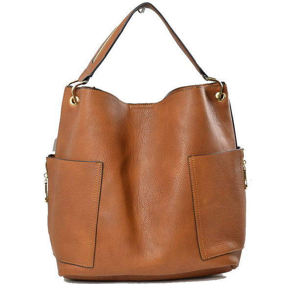Side pocket hobo bag with pouch - brown