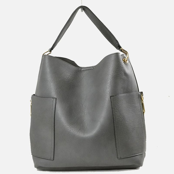 Side pocket hobo bag with pouch - dark grey