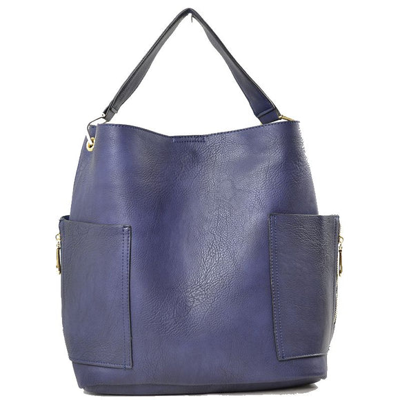 Side pocket hobo bag with pouch - navy blue