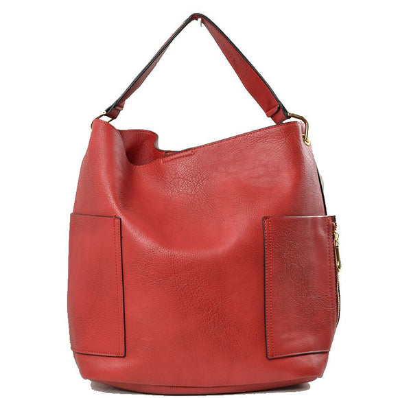 Side pocket hobo bag with pouch - red