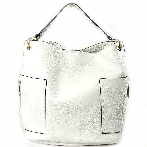 Side pocket hobo bag with pouch - white