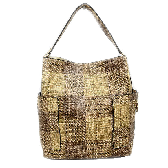 Raffia plaid pattern hobo bag with pouch - beige