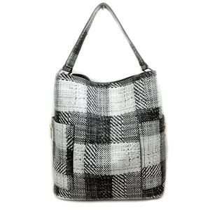 Raffia plaid pattern hobo bag with pouch - black