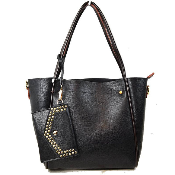 Tote with studded wallet - black