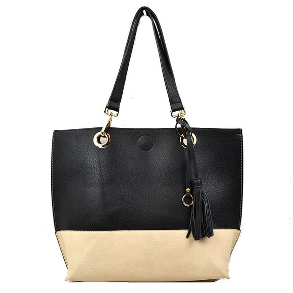 Colorblock tassel tote with pouch - black offwhite