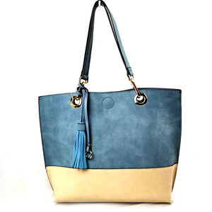 Colorblock tassel tote with pouch - blue offwhite