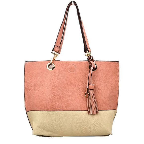 Colorblock tassel tote with pouch - blush offwhite