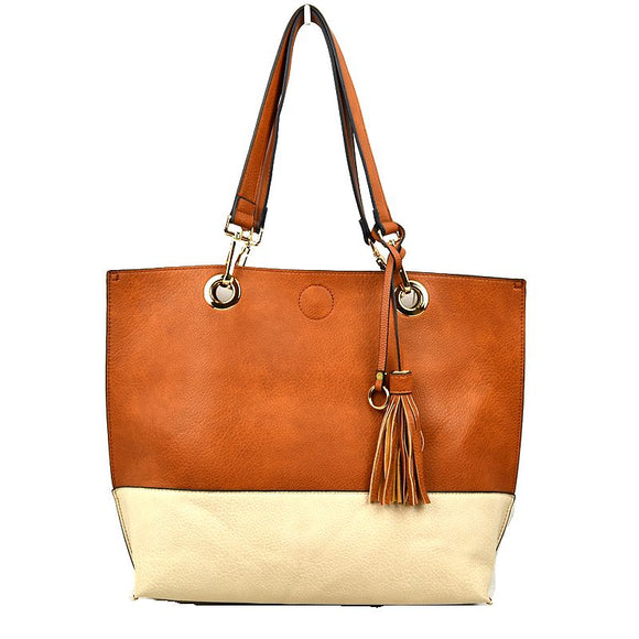 Colorblock tassel tote with pouch - brown offwhite