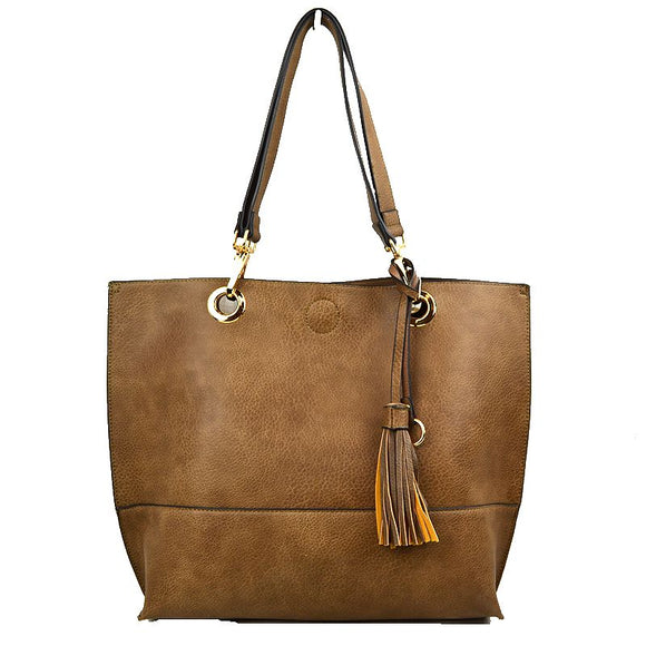 Tassel tote with pouch - stone